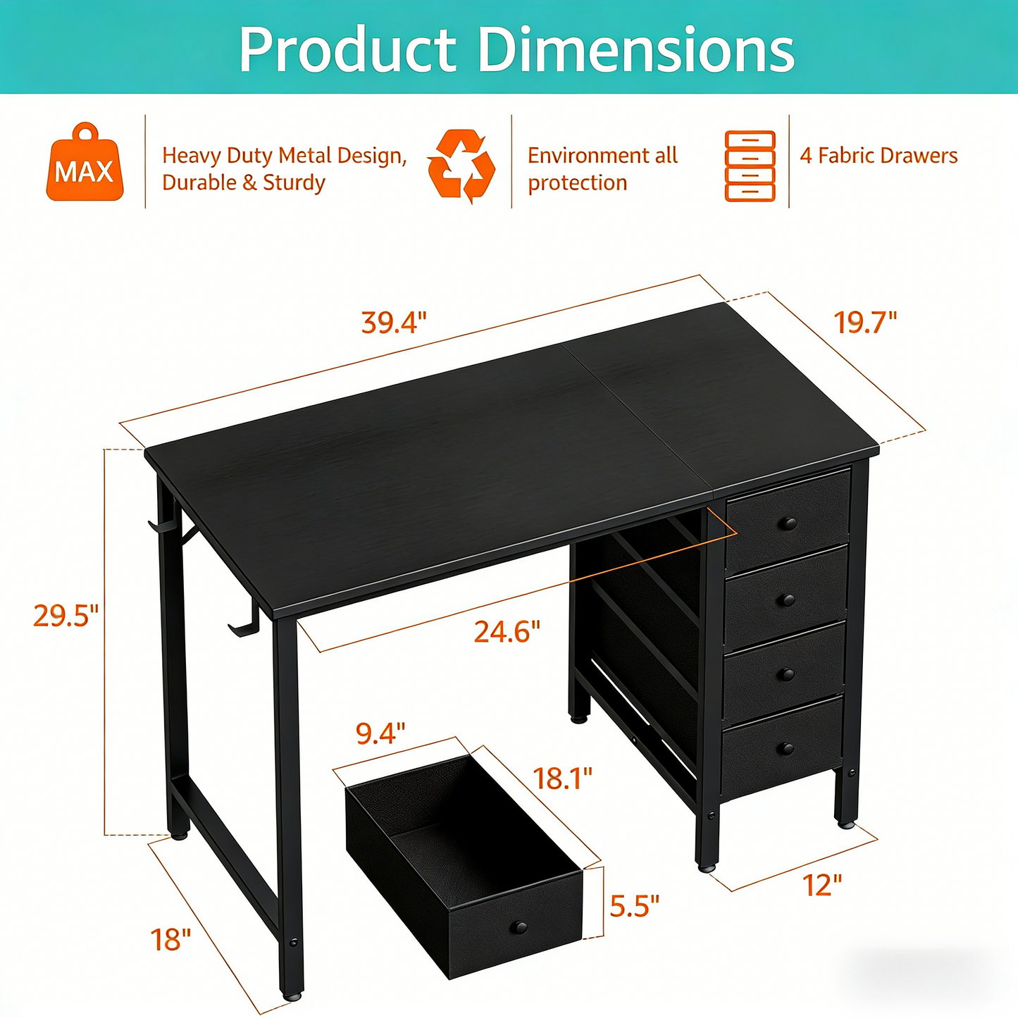 Reversible 40" Desk with Fabric Drawers, Dual-Purpose Study & Manicure Table for Bedroom & Home Office