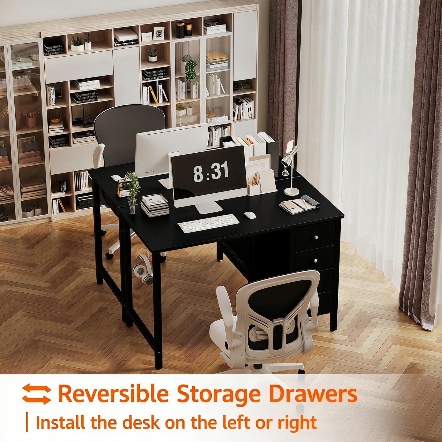 Reversible 40" Desk with Fabric Drawers, Dual-Purpose Study & Manicure Table for Bedroom & Home Office