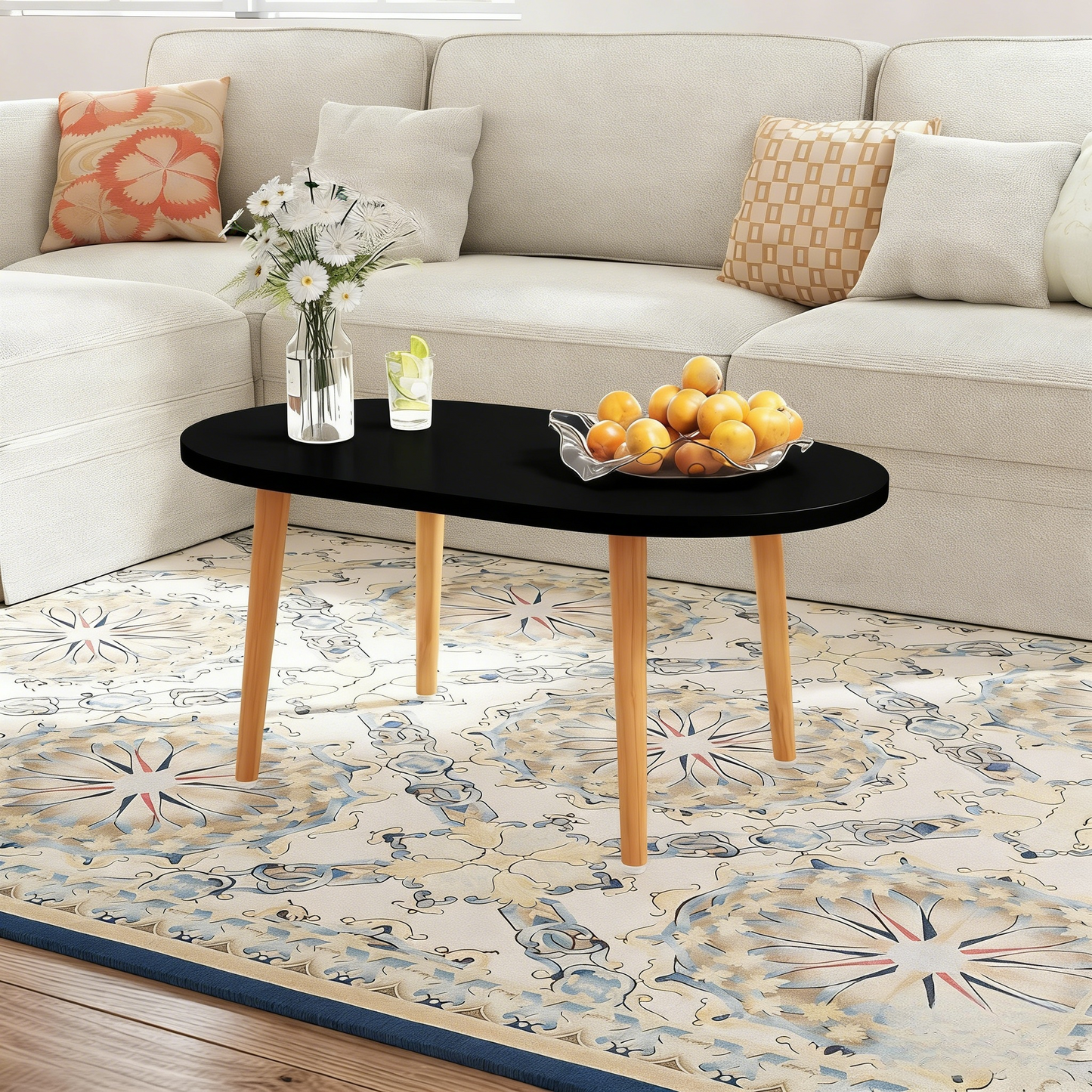 Oval Solid Wood Coffee Table with Storage, Doubles as Floor Desk