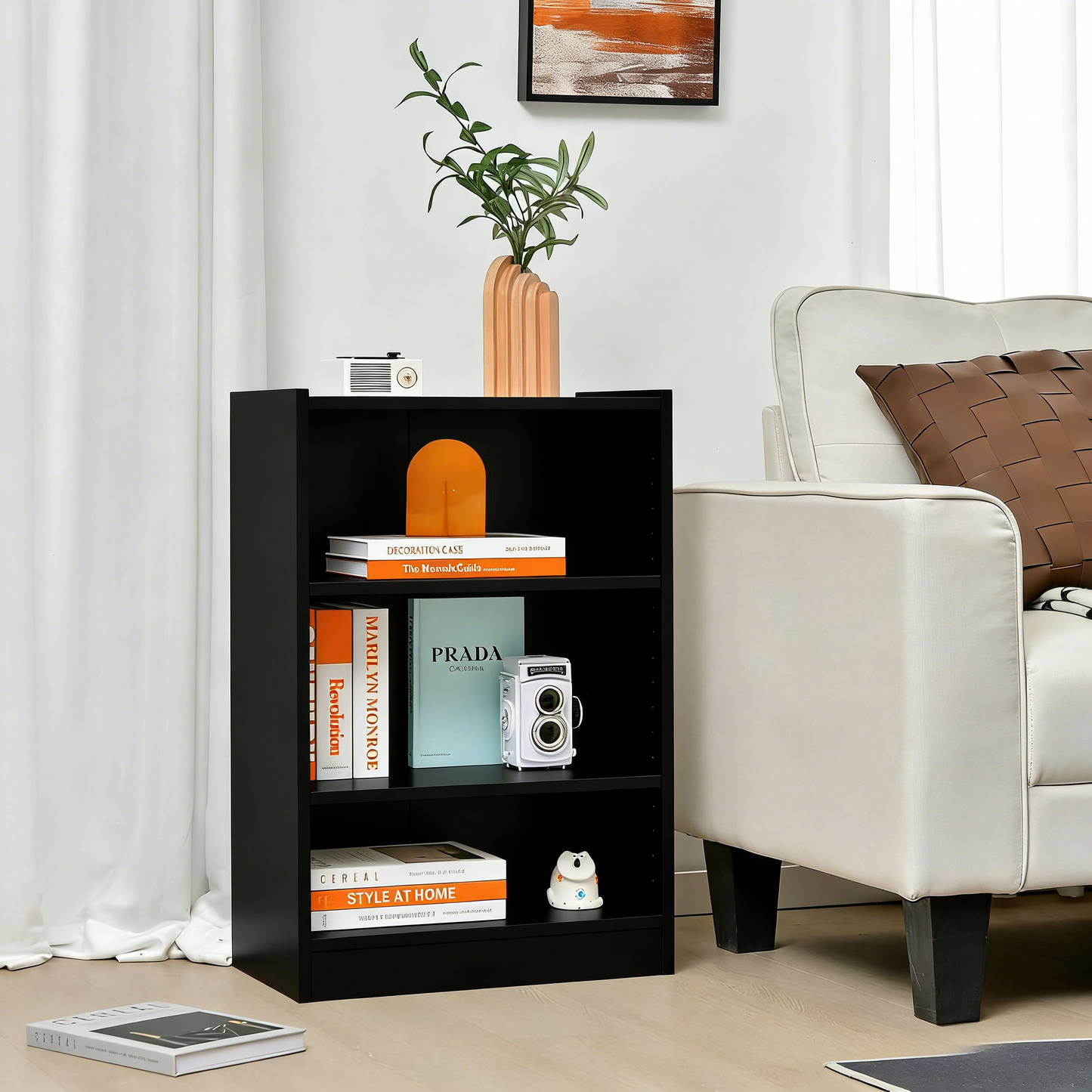 3-Tier Adjustable Bookcase with Anti-Tip, Modern & Simple