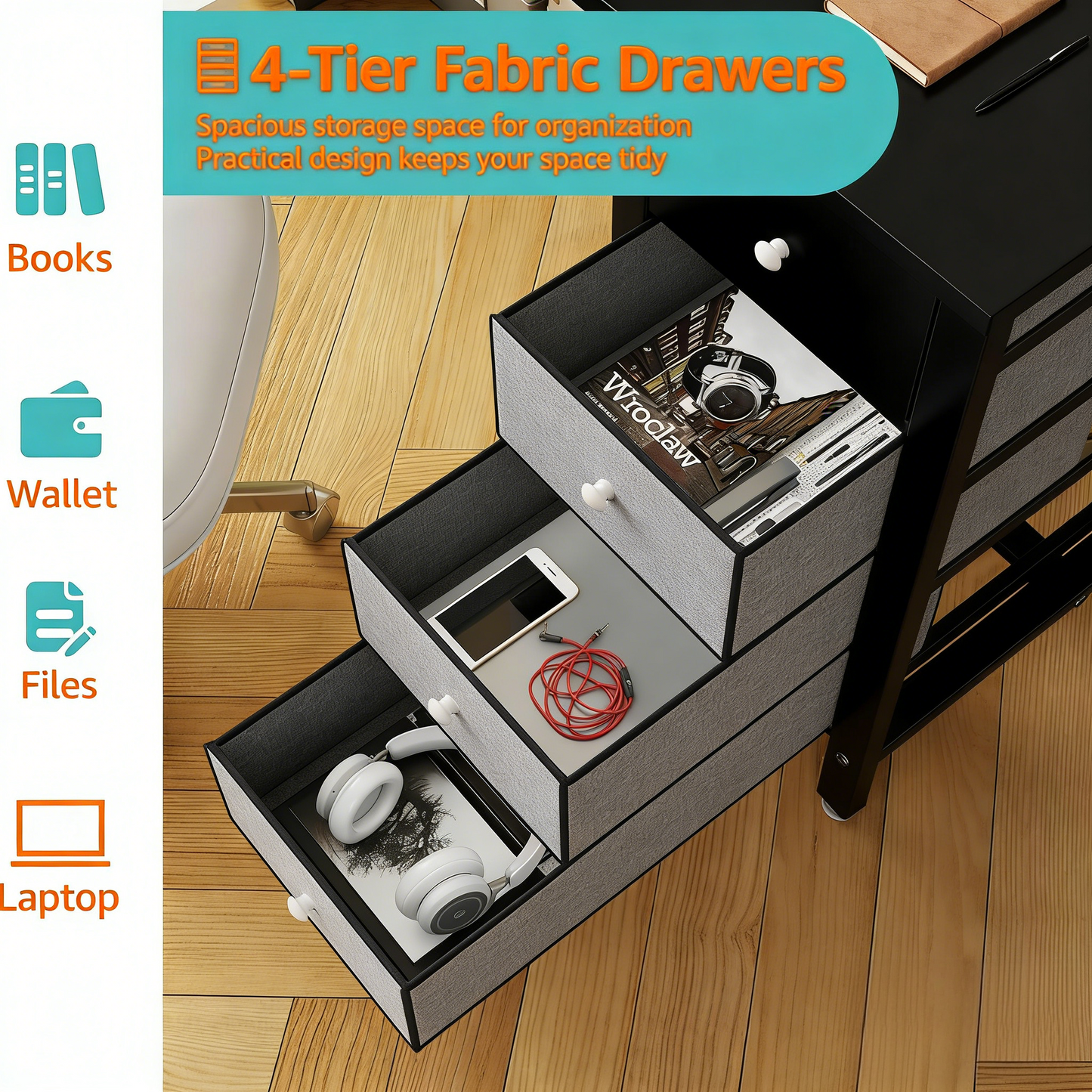 Reversible 40" Desk with Fabric Drawers, Dual-Purpose Study & Manicure Table for Bedroom & Home Office